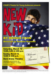 New Kid poster: picture of a boy peeking from behind the American flag